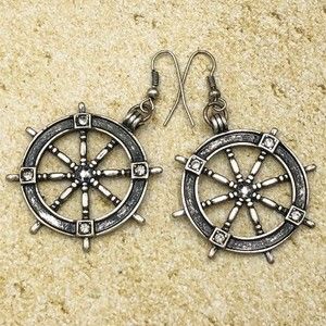 🌼 Ship Wheel Nautical Silver Dangle Earrings